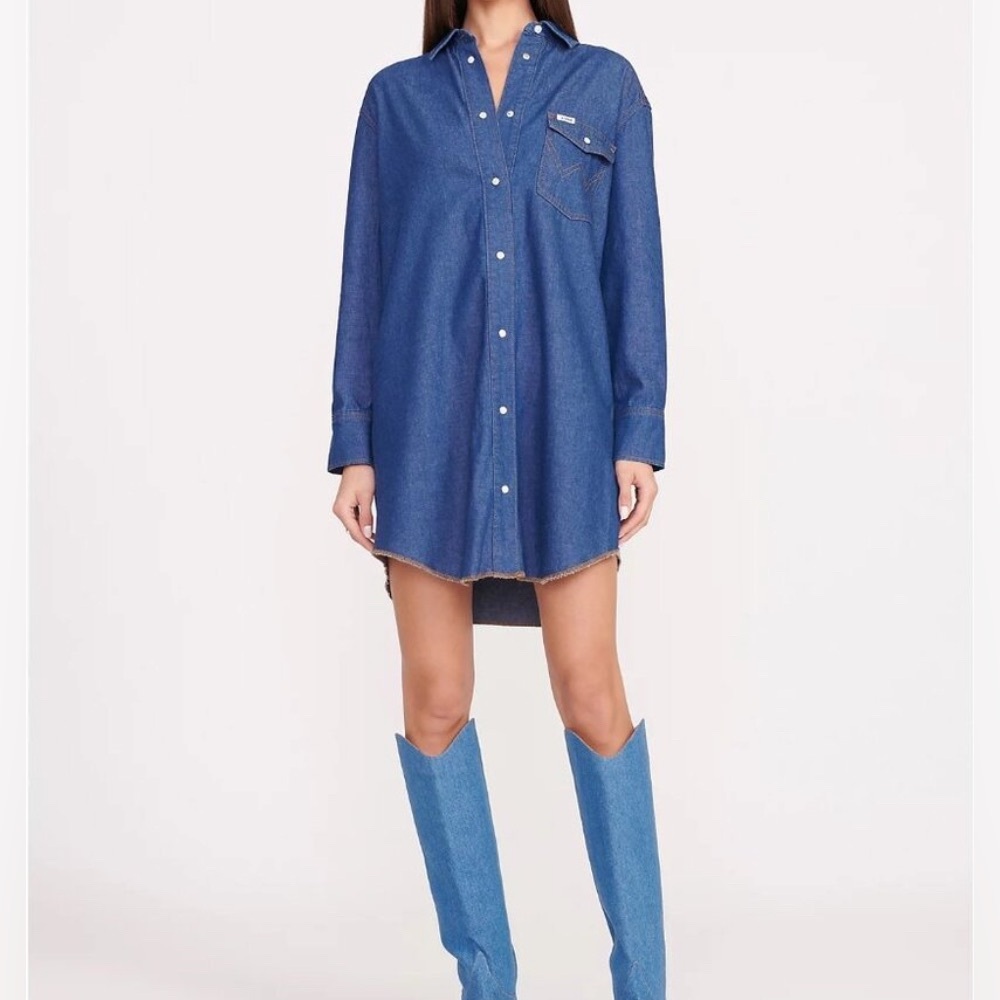 Staud + Wrangler The Oversized Western Shirt Dress in Dark Rinse